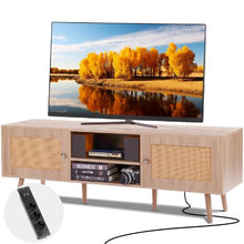 65 Inch Rattan TV Console with USB Ports Power Outlet & Adjustable Shelves (Oak)