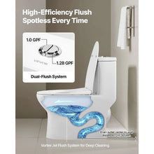 Elongated One-Piece Toilet Vortex Dual-Flush 1.0/1.28 GPF Comfortable Chair Seat Standard Height 12" Rough-In White & Silver Easy-Clean Skirted Design