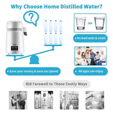 1.1 Gal Water Distiller 750W 0.3 Gal/H Stainless Steel Countertop Maker with Timer Temp Display Plastic Carafe Cleaning Powder & 3 Carbon Packs - White