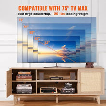 Boho Rattan TV Stand Mid Century TV Cabinet for 75 Inch TV with Built-in Socket USB Ports & Adjustable Shelves (Oak)