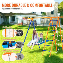 6-in-1 Backyard Swing Set 2 Swings Trapeze Bar Climbing Ladder Net Basketball Hoop 440lbs Capacity Heavy-Duty Metal for Kids 3+