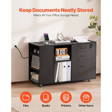 3-Drawer Wooden File Cabinet Rolling Storage with Power Strip Lock & Adjustable Shelves