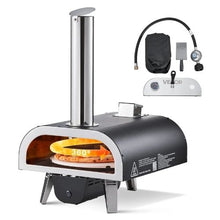 Dual Fuel Outdoor Pizza Oven 12" Wood & Propane Gas Electric Rotation Thermometer (Black)
