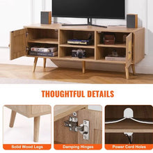 Boho Mid Century Rattan TV Cabinet for 55 Inch TV with Adjustable Shelves (Oak Finish)