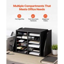 12-Compartment Literature Organizer with Side Vertical Storage, Wooden Mailbox Sorter (Black)