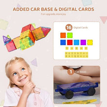 Magnetic Tiles 55PCS Building Blocks Set with Car Base & Digital Cards, STEM Toy for Kids 4+