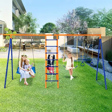 6-in-1 Backyard Swing Set 2 Swings Trapeze Bar Climbing Ladder Net Basketball Hoop 440lbs Capacity Heavy-Duty Metal for Kids 3+