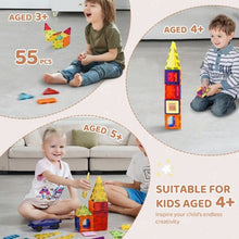 Magnetic Building Tiles 55PCS with Car Base & Digital Cards for Kids 4+