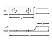 COPPER COMPRESSION LUG - LONG FLARED BARREL, TWO HOLE TONGUE WITH CLOSED TRANSITION 650 KCMIL - BBLU-065D-FL