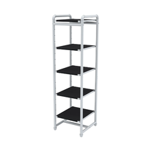 18" L x 18" W x 60" H Inch Pipeline Industrial Etagere Retail Display Gloss White Frame with Black Shelves PSETGWBK