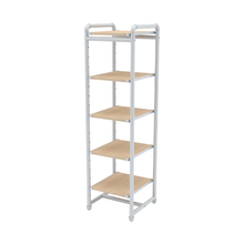 18" L x 18" W x 60" H Inch Pipeline Industrial Etagere Retail Display Gloss White Frame with Raw Oak Shelves PSETGWOK