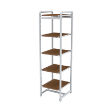 18" L x 18" W x 60" H Inch Pipeline Industrial Etagere Retail Display Gloss White Frame with Dark Brown Woodgrain Shelves PSETGWBN
