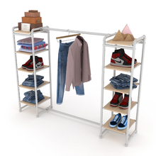 18"L x 18"W x 60"H Inch Pipeline Double Etagere Hang Bar Gloss White Rack with Raw Oak Wood Grain Shelves PSETGWOKX2