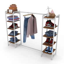 18"L x 18"W x 60"H Inch Pipeline Double Etagere Hang Bar Gloss White Rack with Dark Brown Wood Grain Shelves PSETGWBNX2