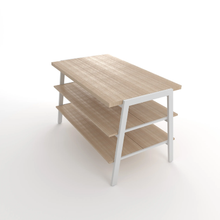 30 Inch Aspect 3 Tier Retail Display Tables Gloss White Frame with Raw Oak Woodgrain Shelves AP3TW