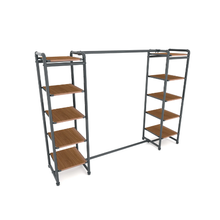 18"L x 18"W x 60"H Inch Pipeline Double Etagere Hang Bar Anthracite Grey Rack with Dark Brown Wood Grain Shelves PSETGGBNX2