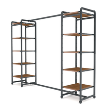 18"L x 18"W x 60"H Inch Pipeline Double Etagere Hang Bar Anthracite Grey Rack with Dark Brown Wood Grain Shelves PSETGGBNX2