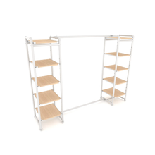 18"L x 18"W x 60"H Inch Pipeline Double Etagere Hang Bar Gloss White Rack with Raw Oak Wood Grain Shelves PSETGWOKX2