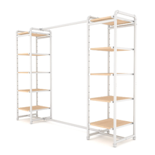 18"L x 18"W x 60"H Inch Pipeline Double Etagere Hang Bar Gloss White Rack with Raw Oak Wood Grain Shelves PSETGWOKX2