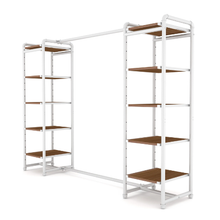 18"L x 18"W x 60"H Inch Pipeline Double Etagere Hang Bar Gloss White Rack with Dark Brown Wood Grain Shelves PSETGWBNX2