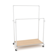 55"L x 30"W x 4"H Inch Pipeline Adjustable Double Bar Ballet Gloss White Rack with Raw Oak Wood Grain Base Shelf PSBBLLADJWKOK