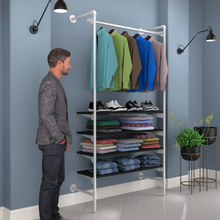 54"L x 20"W x 4.5"H Inch Pipeline Outrigger Kit Hang Rail and Four Wood Gloss White Frame with Black Shelves PSORW1BK