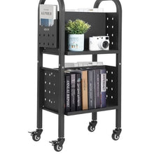17.7×13×34.6 Inch Rolling Library Book Cart, 150 lbs Capacity, Double-Sided L-Shaped Shelves Black