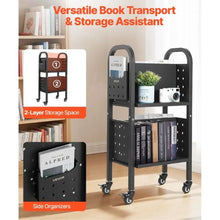 17.7×13×34.6 Inch Rolling Library Book Cart, 150 lbs Capacity, Double-Sided L-Shaped Shelves Black