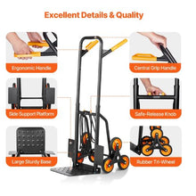 Stair Climbing Cart 440 lbs Capacity Stair Climber Hand Truck and Dolly Heavy-Duty Folding Trolley Cart with Dual Handle 6 Wheels & 2 Elastic Ropes