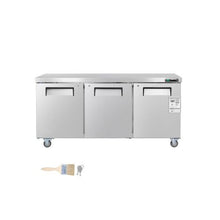 72 Inch Commercial Undercounter Freezer Worktable 3 Door Stainless Steel Food Prep Freezer with Casters and LED Lighting