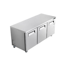 72 Inch Commercial Undercounter Freezer Worktable 3 Door Stainless Steel Food Prep Freezer with Casters and LED Lighting