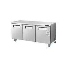 72 Inch Commercial Undercounter Freezer Worktable 3 Door Stainless Steel Food Prep Freezer with Casters and LED Lighting