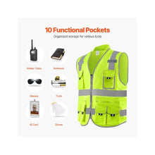 XL High Visibility Safety Vest Yellow Reflective Work Vest with 10 Pockets Zipper Front, Radio Clip & Reflective Strips, for Men & Women