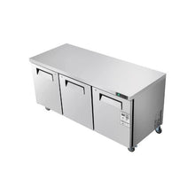 72 Inch Commercial Undercounter Freezer Worktable 3 Door Stainless Steel Food Prep Freezer with Casters and LED Lighting