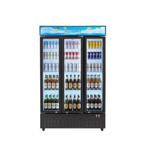 Triple Door Commercial Merchandiser Refrigerator 26.8 Cu.Ft Upright Beverage Cooler with Customizable Light Box 12 Adjustable Shelves