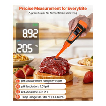 Digital Food pH Meter 0–14 pH Range 3-Point Calibration IP68 Waterproof Probe Automatic Temperature Compensation Calibration Kit for Fermentation, Dough & Meat