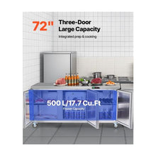 72 Inch Commercial Undercounter Freezer Worktable 3 Door Stainless Steel Food Prep Freezer with Casters and LED Lighting