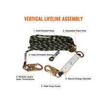 50 ft Vertical Climbing Safety Lifeline Rope with Steel Snap Hooks Rope Grab & Energy Absorber