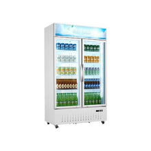 Commercial Double Door Glass Showcase Refrigerator 35.3 Cu.Ft / 1000L Upright Beverage Merchandiser Cooler with LED Lighting & Adjustable Shelving