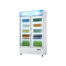 Commercial Double Door Glass Showcase Refrigerator 35.3 Cu.Ft / 1000L Upright Beverage Merchandiser Cooler with LED Lighting & Adjustable Shelving