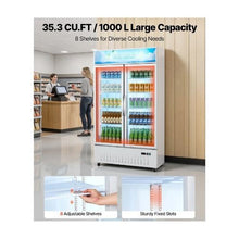 Commercial Double Door Glass Showcase Refrigerator 35.3 Cu.Ft / 1000L Upright Beverage Merchandiser Cooler with LED Lighting & Adjustable Shelving