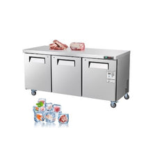 72 Inch Commercial Undercounter Freezer Worktable 3 Door Stainless Steel Food Prep Freezer with Casters and LED Lighting