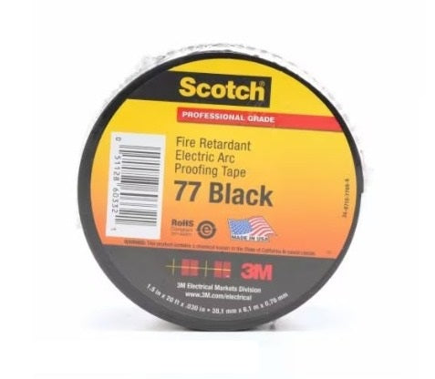 Scotch 3M Fire-Retardant Electric Arc Proofing Tape 77, 1-1/2 in x 20 ft, Black