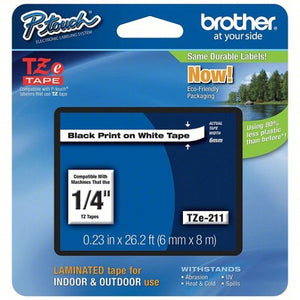 Continuous Label Roll Cartridge: 1/4 in x 26 13/64 ft, PET, Black on White, Indoor/Outdoor Brother Tze-211