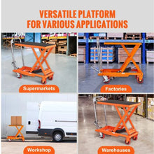 Hydraulic Lift Table Cart 500lbs Capacity Manual Single Scissor Lift Table with 4 Wheels and Non-slip Pad Hydraulic Scissor Cart for Material Handling Orange