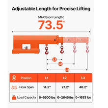 Forklift Jib Boom Crane 5500 lbs Capacity Forklift Mobile Crane Lifting Hoist with 2 Hooks Manual Telescopic 47.2-73.5 in Boom Attachment Towing Handling Equipment