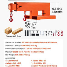 Forklift Jib Boom Crane 5500 lbs Capacity Forklift Mobile Crane Lifting Hoist with 2 Hooks Manual Telescopic 47.2-73.5 in Boom Attachment Towing Handling Equipment
