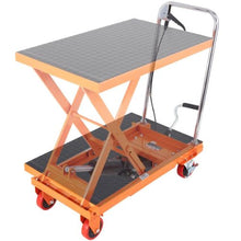 Hydraulic Lift Table Cart 500lbs Capacity Manual Single Scissor Lift Table with 4 Wheels and Non-slip Pad Hydraulic Scissor Cart for Material Handling Orange