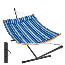 Two Person Hammock with Stand Curved Spreader Bar Blue White Stripe