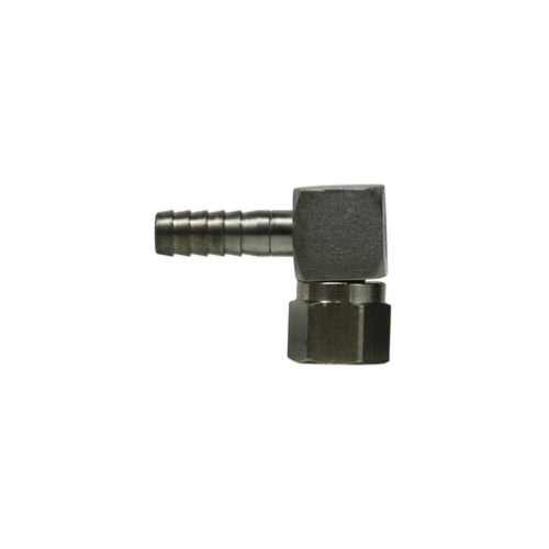 3/8 Hose Barbed x 1/4 SAE 45 deg Female Flared Stainless Steel 90° Elbow Connector With Female Flare Swivel Nut 34601